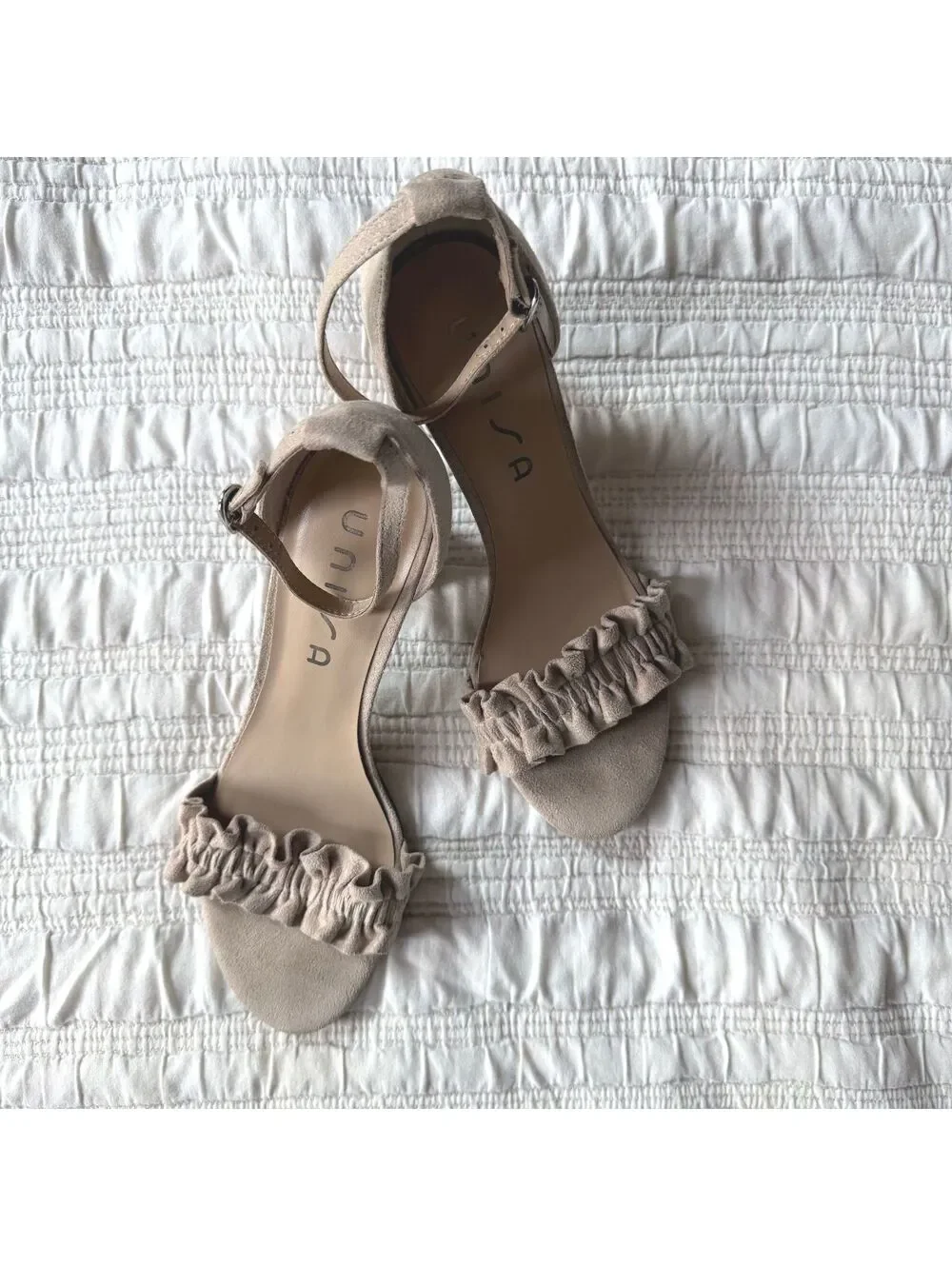 Unisa Taupe Ruffle Ankle Strap Block Heel Sandals Size 9M
